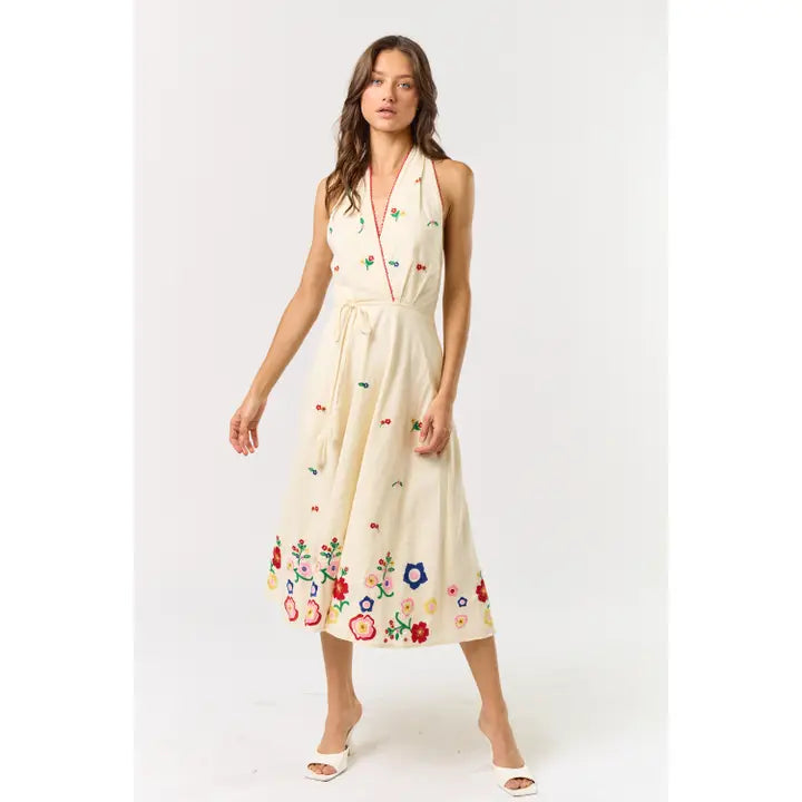 Halter Neck Tie Embroidered Midi Dress
