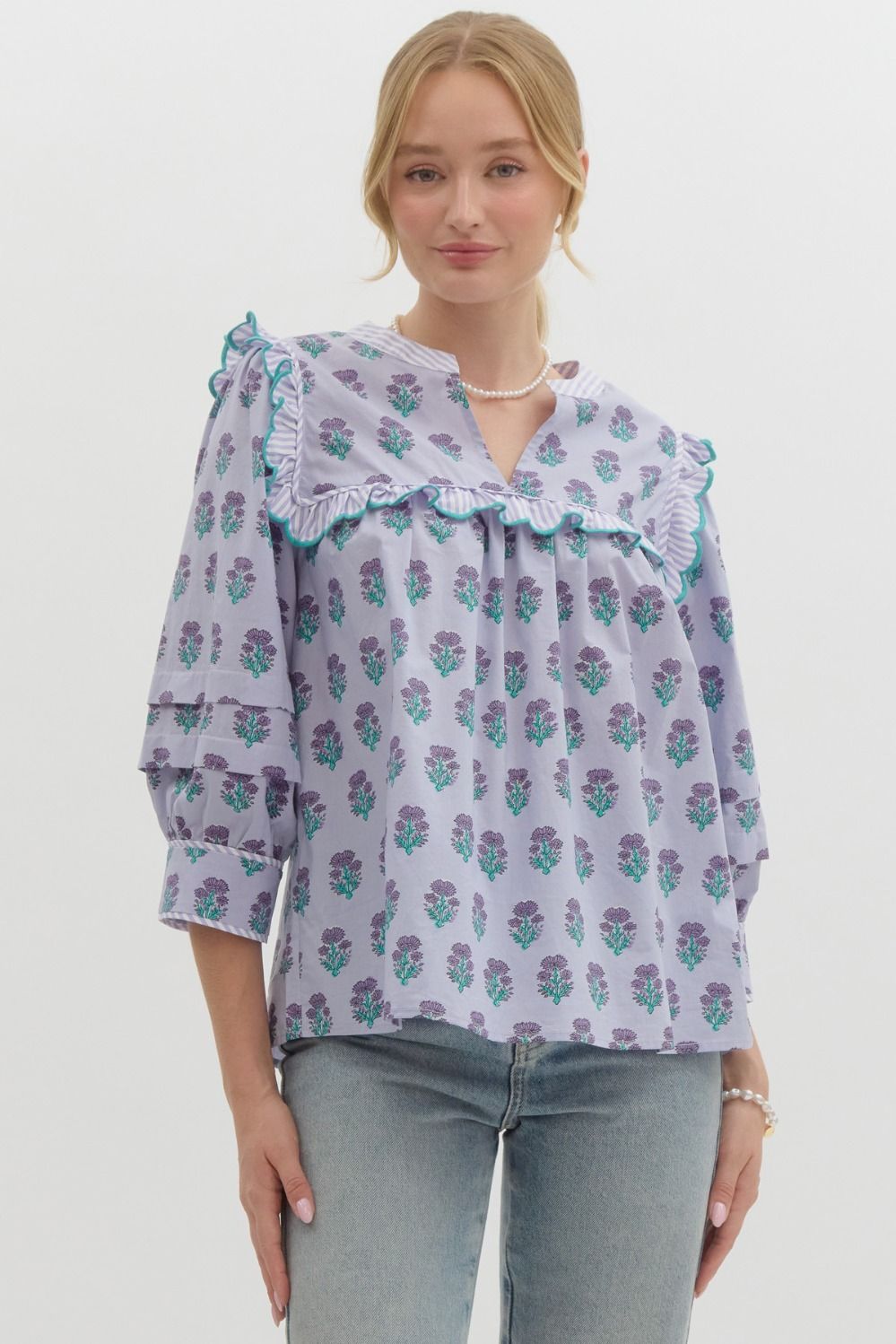 Lavender Quarter Sleeve Scalloped Top