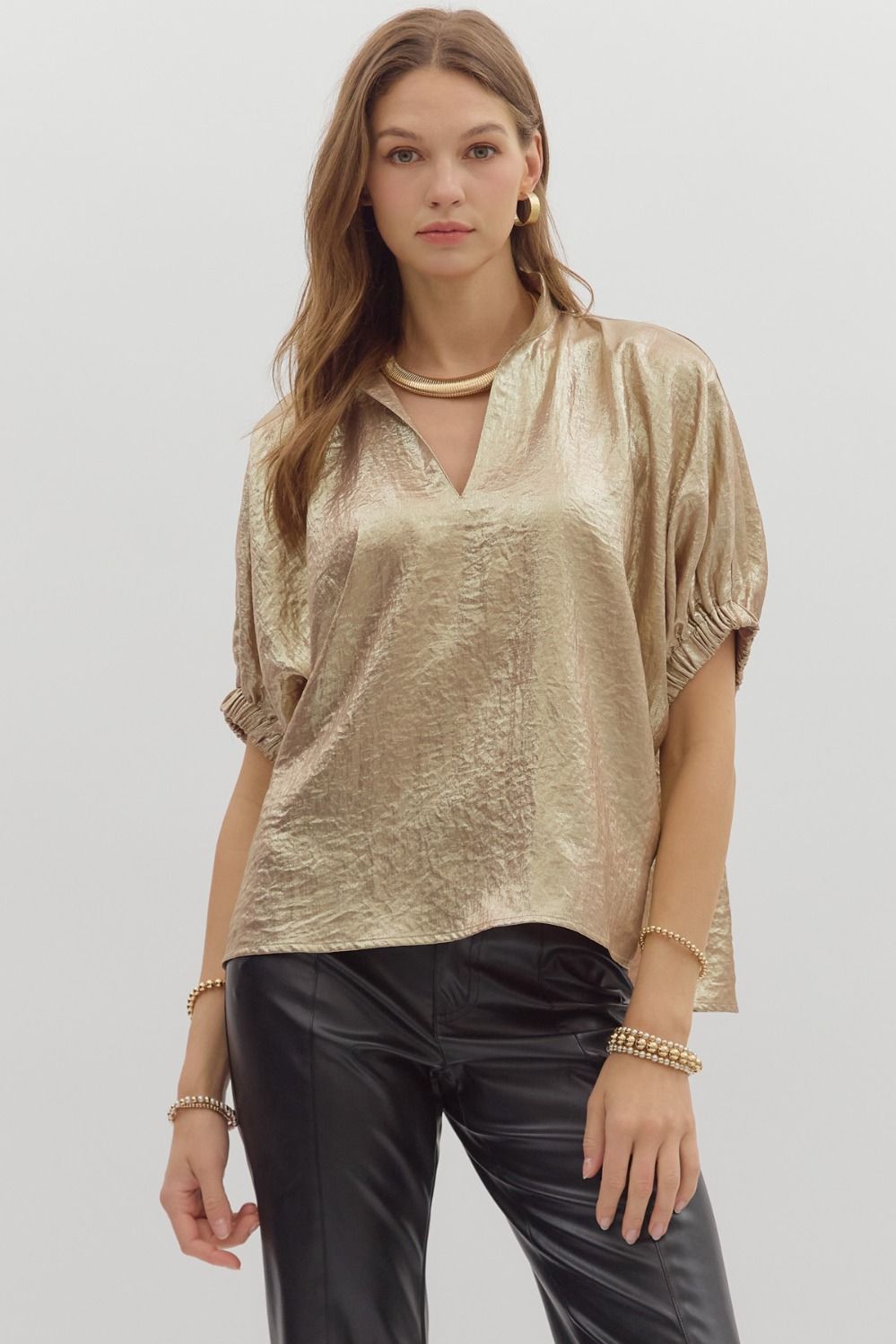 Luxe Metallic V-Neck Blouse in Gold