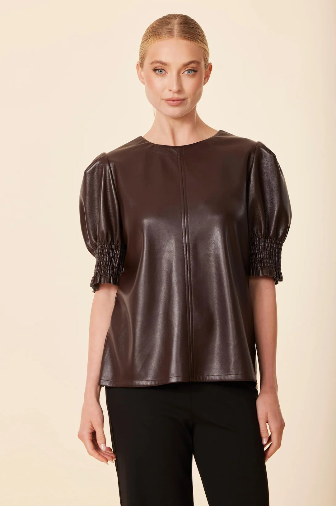Faux Leather Crew Neck Elastic Cuff Top in Coffee