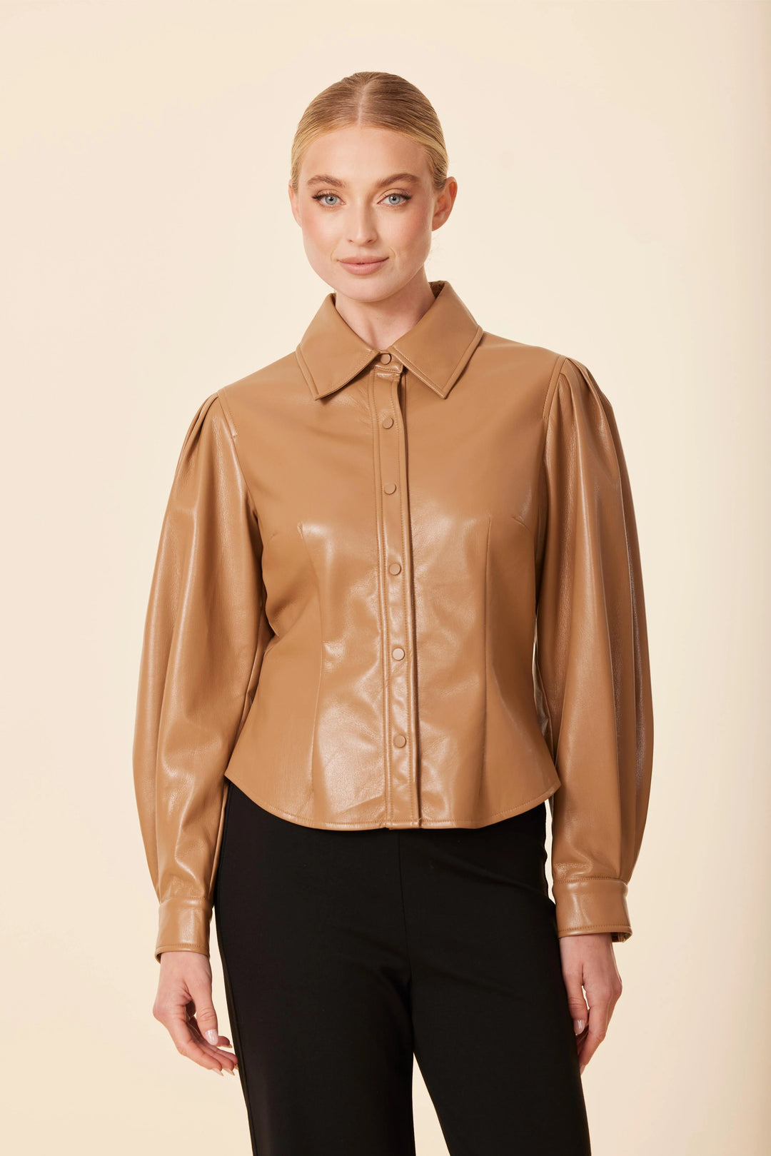 Faux Leather Darted Waist Top in Caramel