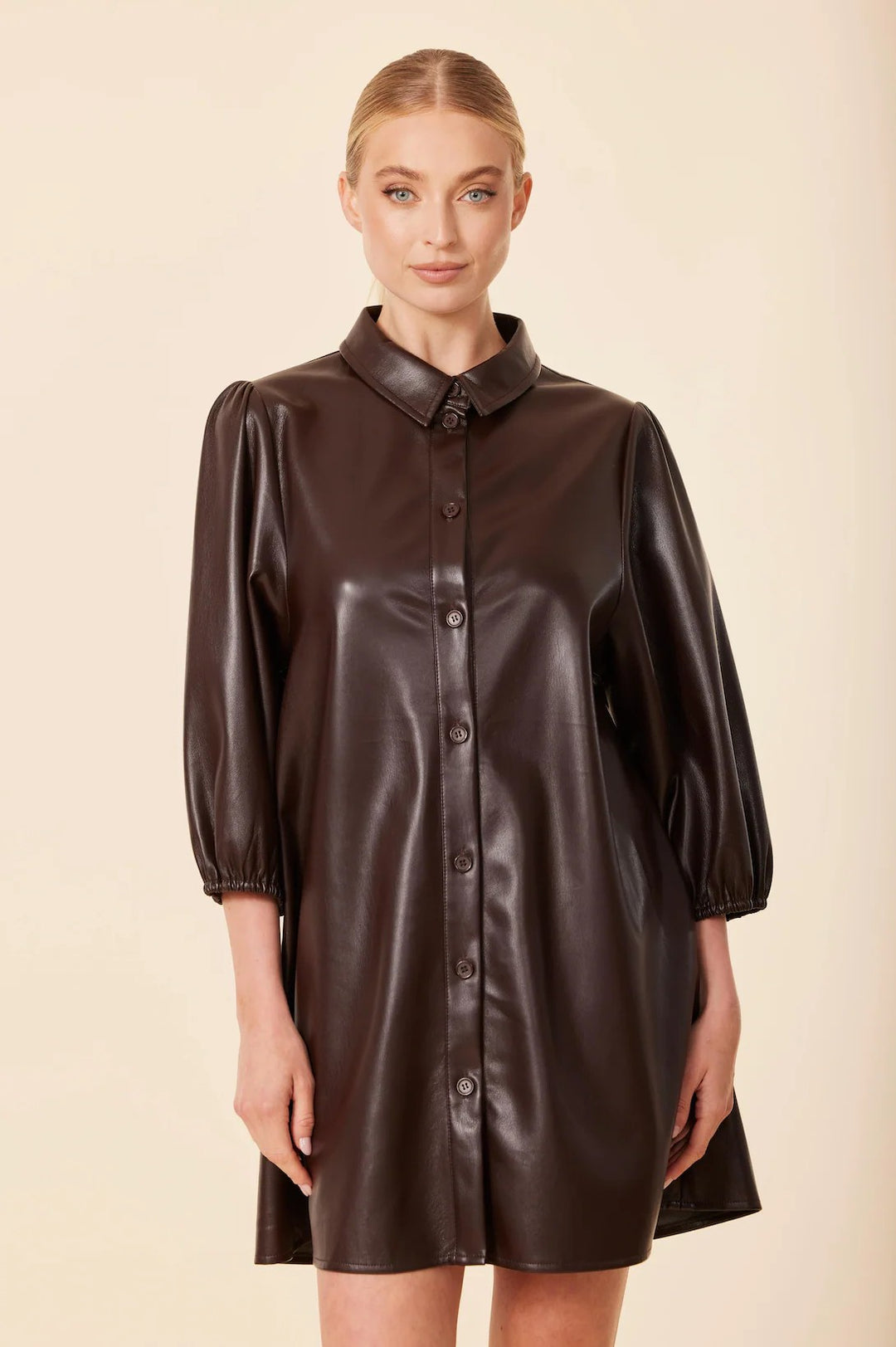 Vegan Leather Exaggerated Sleeve Dress in Coffee