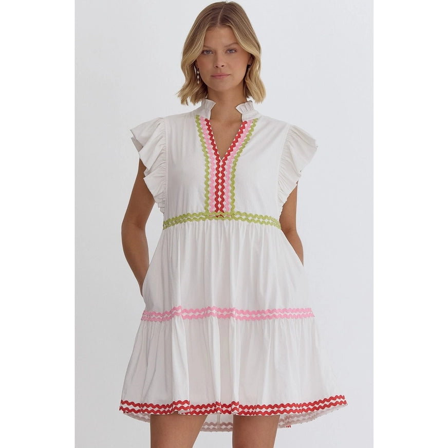 Ric Rac Trim V-Neck Mini in White