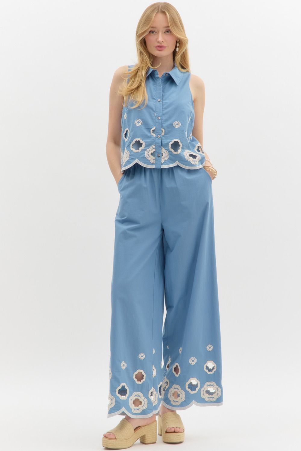 Scallop Embroidered Collared Tank/Pant Set