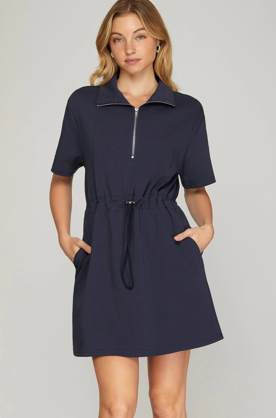 Weekend Zip-Front Drawstring Dress in Navy