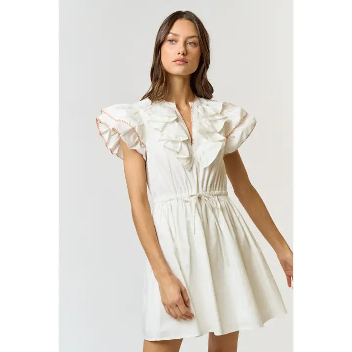Overlock Stitch Ruffle Sleeve V-Neck Mini Dress