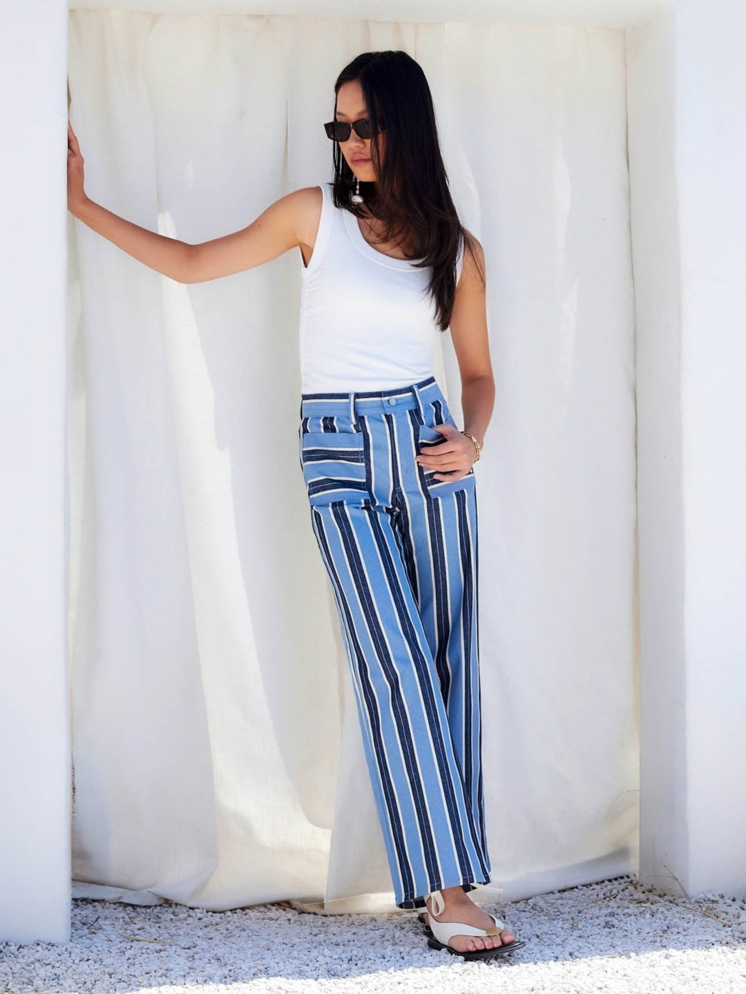 Lynny Patch Pocket Pants in Navy and Cream