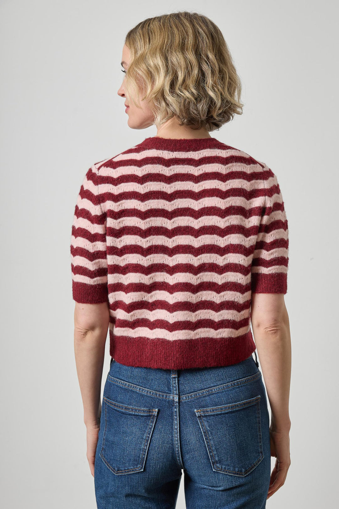 Short Sleeve Crewneck Cardigan in Port Stripe