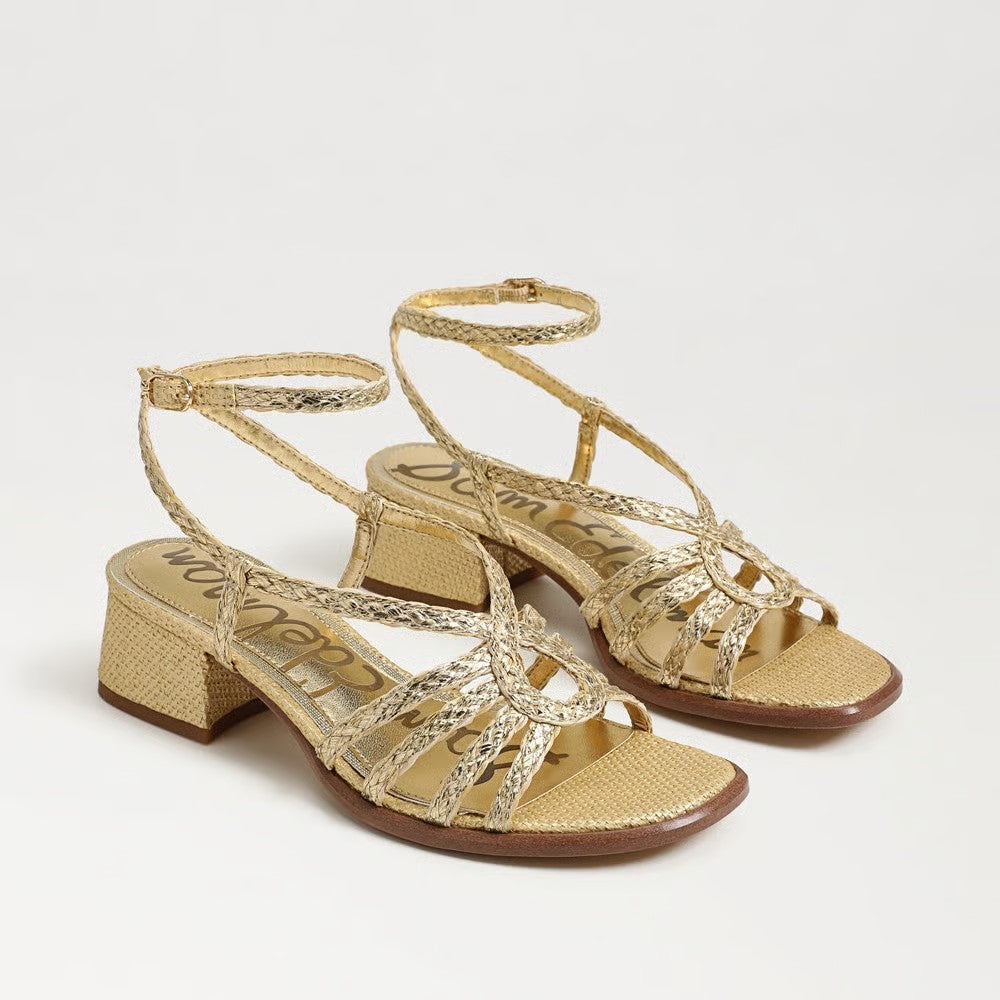 Fletcher Block Heel Sandal in Amber Gold Faux Raffia