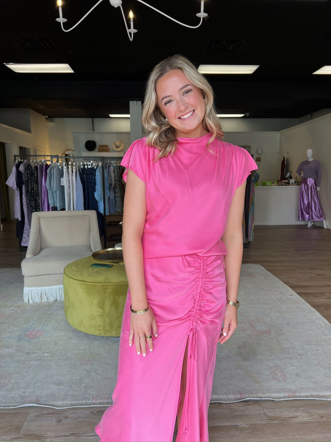 Fiona Shirred Midi Skirt in Pink