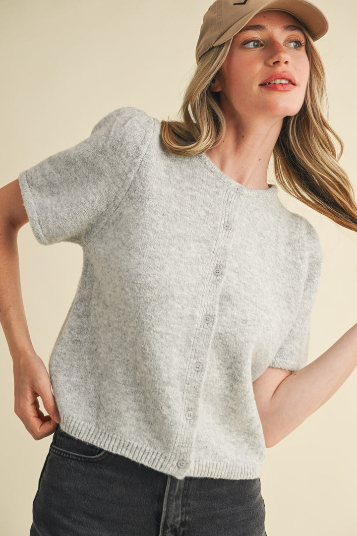 Short Puff Sleeve Sweater Cardigan in Grey