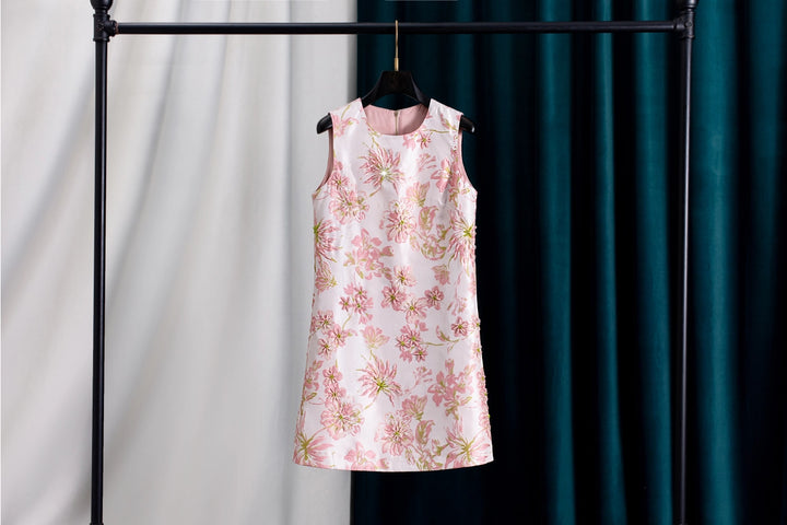 Pink Floral Embroidered Sleeveless Jacquard Dress