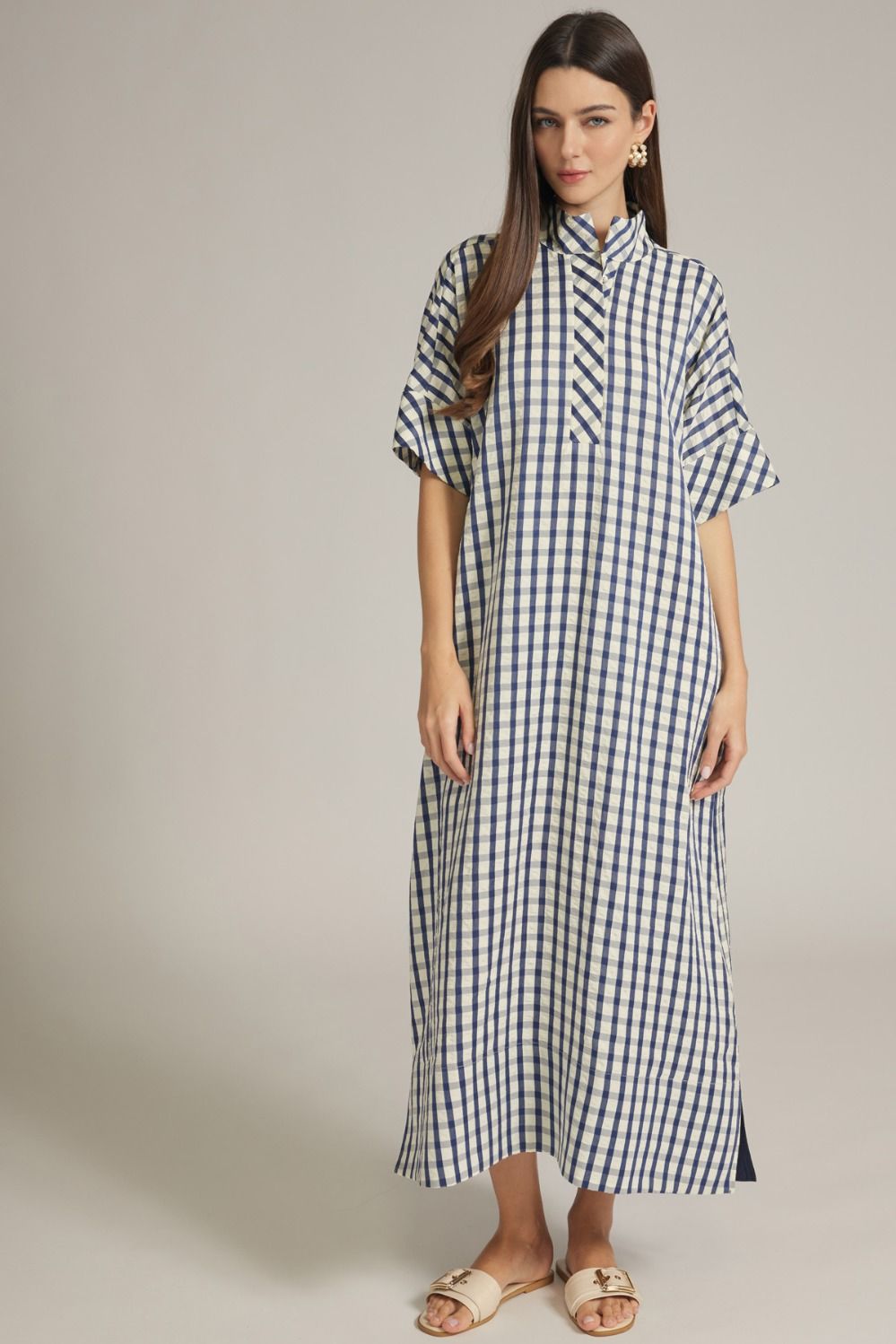 Navy Gingham Shirt Midi Dress
