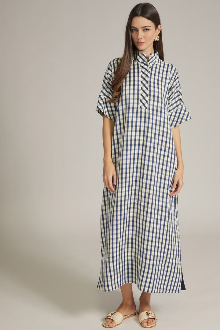 Navy Gingham Shirt Midi Dress