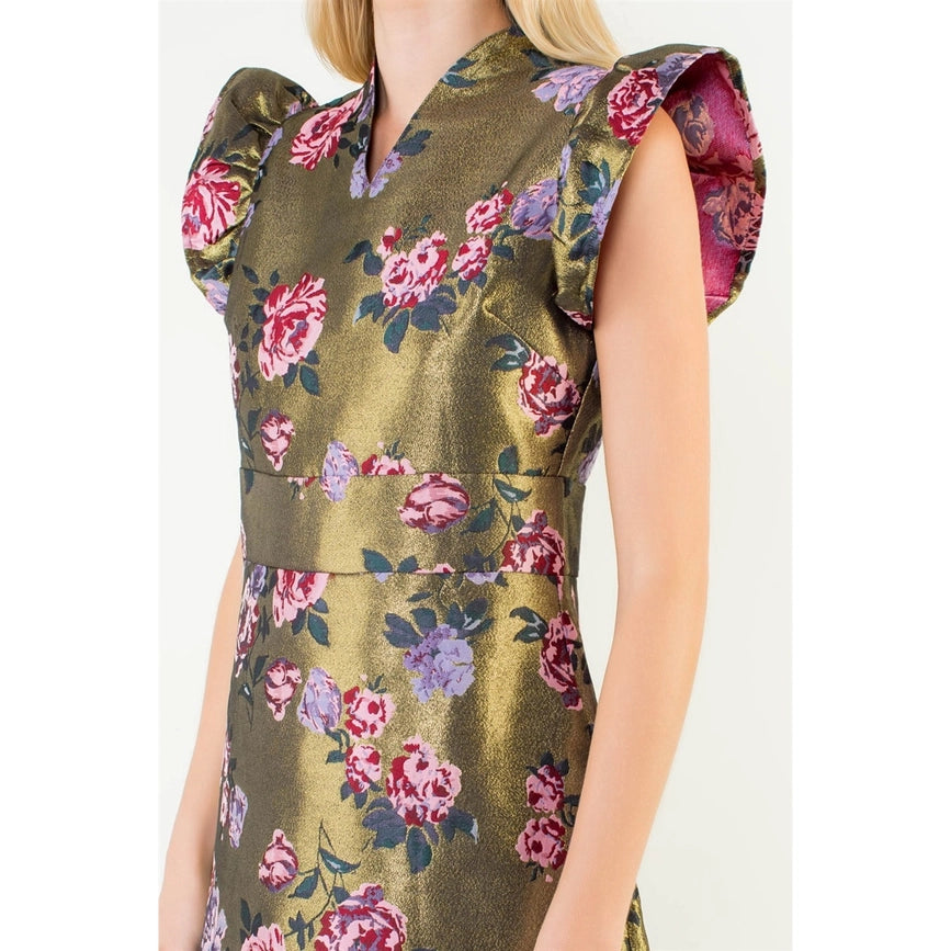 Ruffled Sleeve Floral Print Dress in Gold