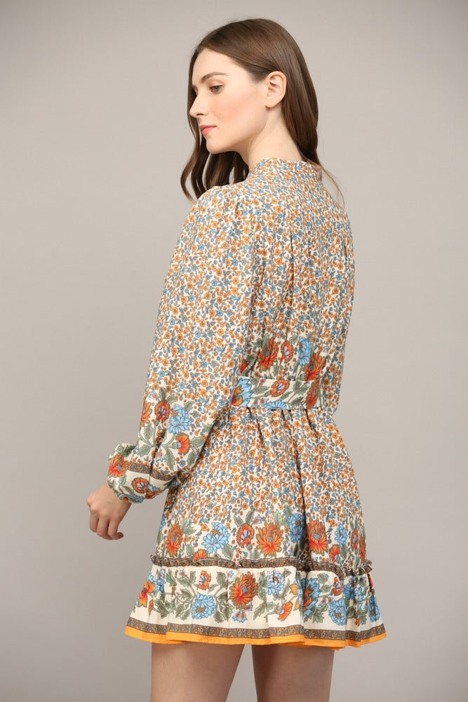 Button Front Belted Dress in Beige Multi