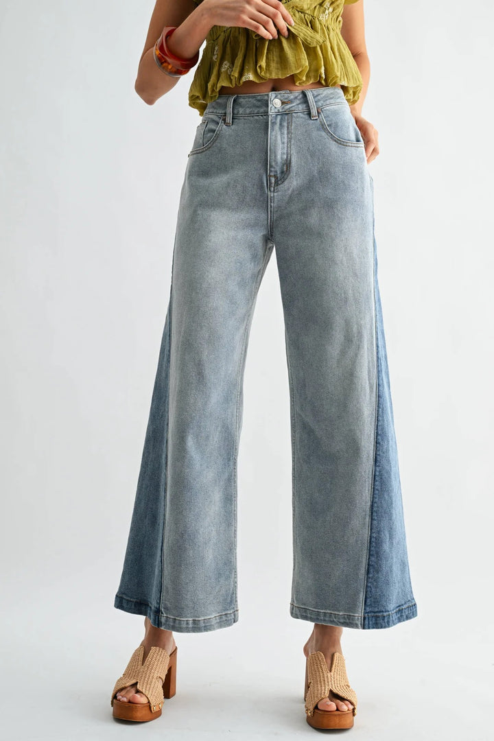 Wide-Leg Two-Tone High Waist Jeans