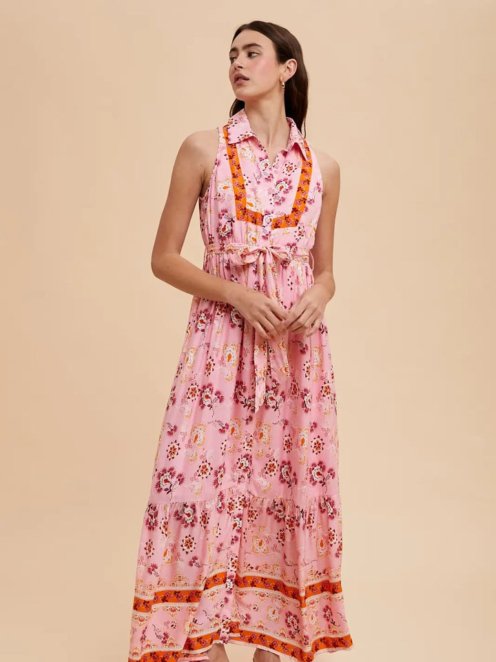 Pink Floral Sleeveless Midi