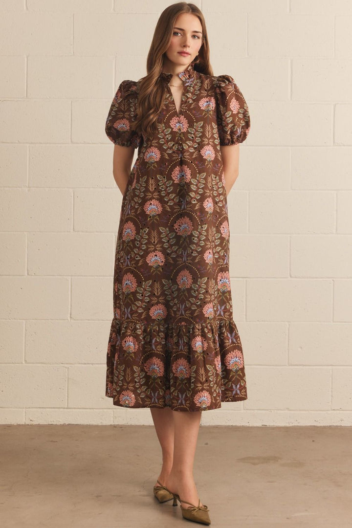 Floral print short puff sleeve midi dress in Brown
