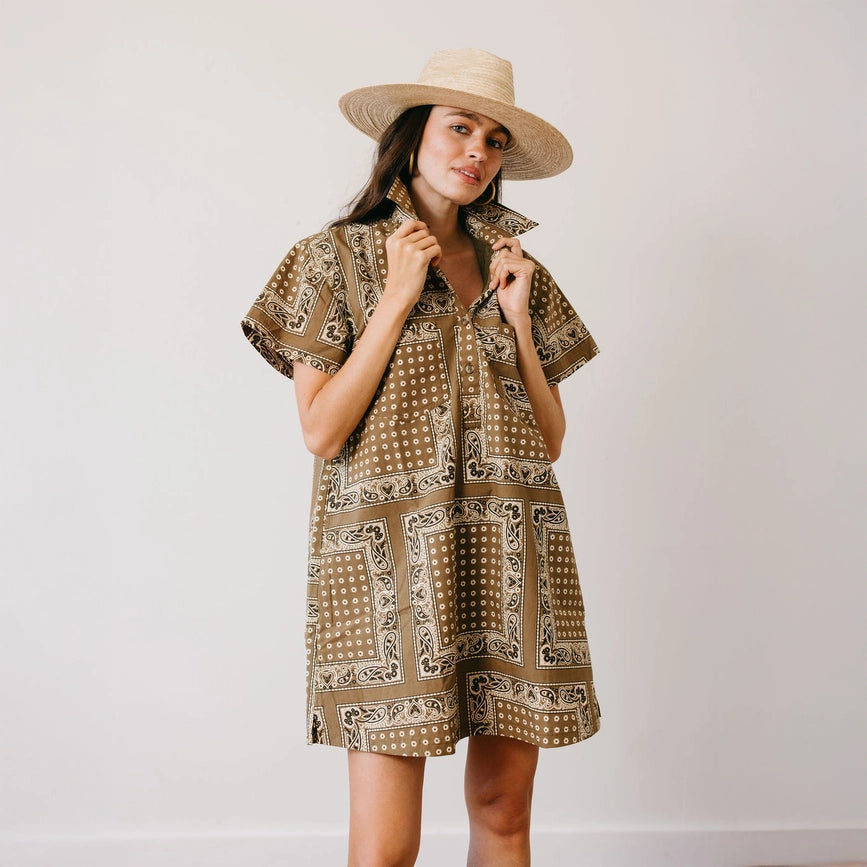Olive Bandana Getaway Mini Dress in Brown