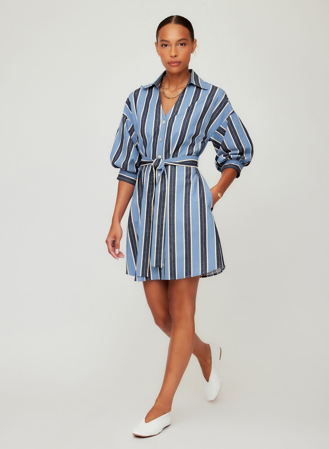 Blaire Lantern Sleeve Tie Dress in Navy and Cream