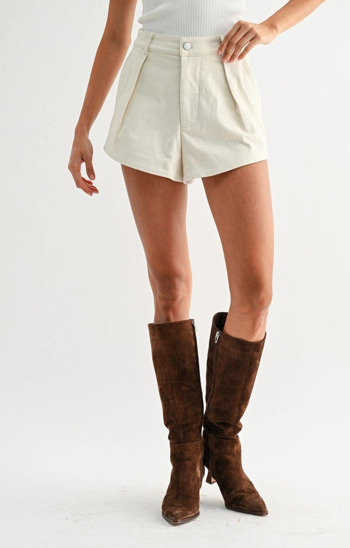 High-Waisted Pleated Ivory Tailored Cotton Shorts