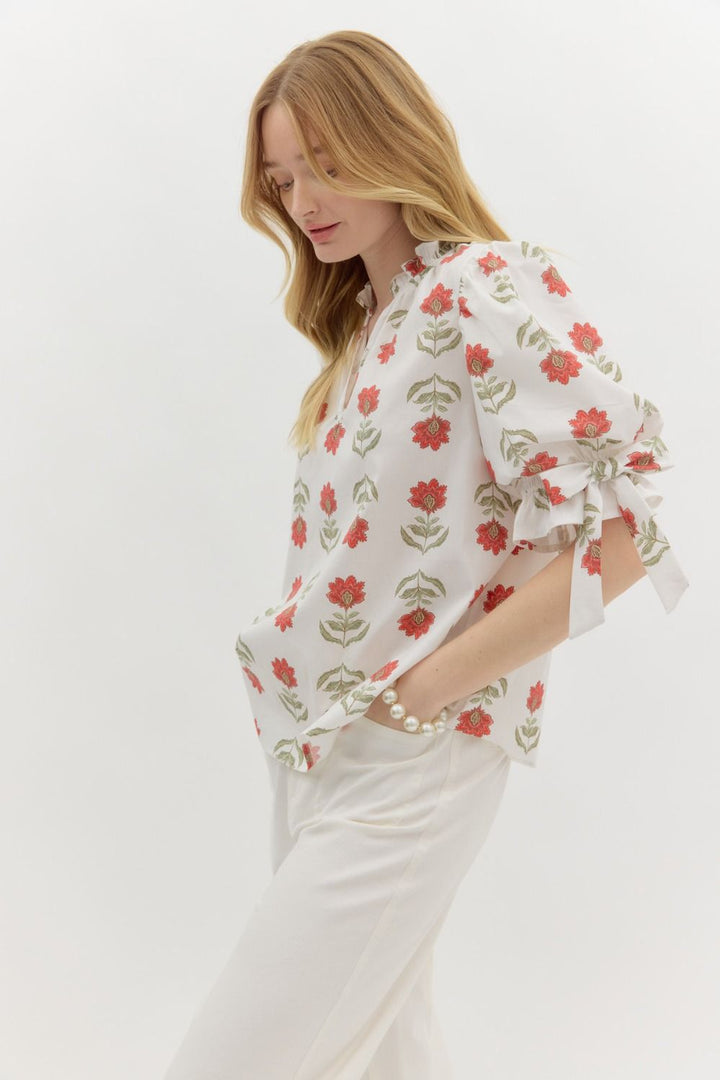 Floral Ruffle Blouse in Red and White