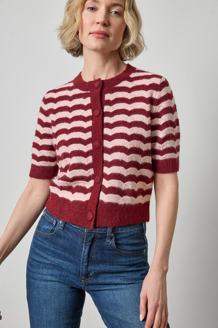 Short Sleeve Crewneck Cardigan in Port Stripe