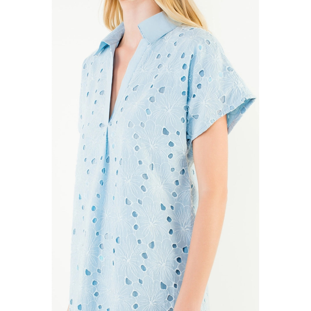 Short Sleeve Floral Eyelet Embroidery Dress in Blue