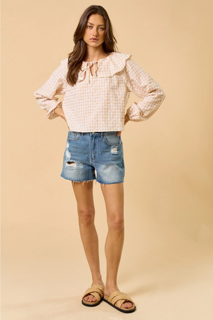 Gingham Eyelet Front Tie Ruffled Collar Top