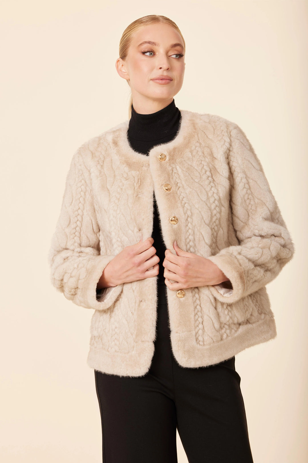 Faux Fur Cable Knit in Beige