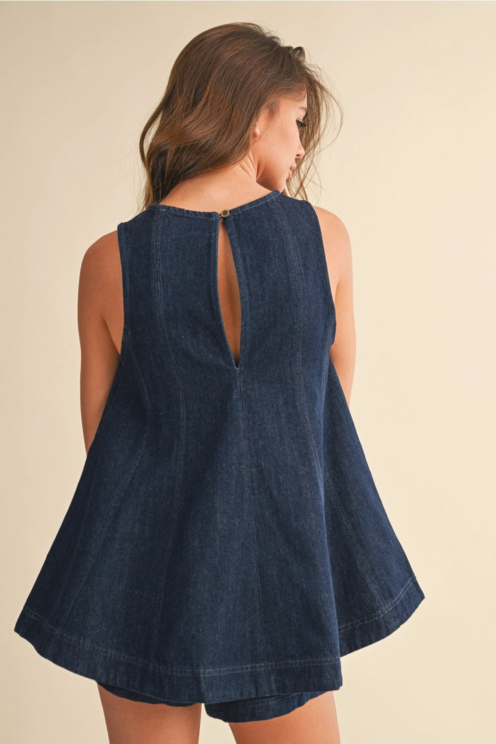 DENIM LONGLINE SLEEVELESS TOP AND SHORTS SET