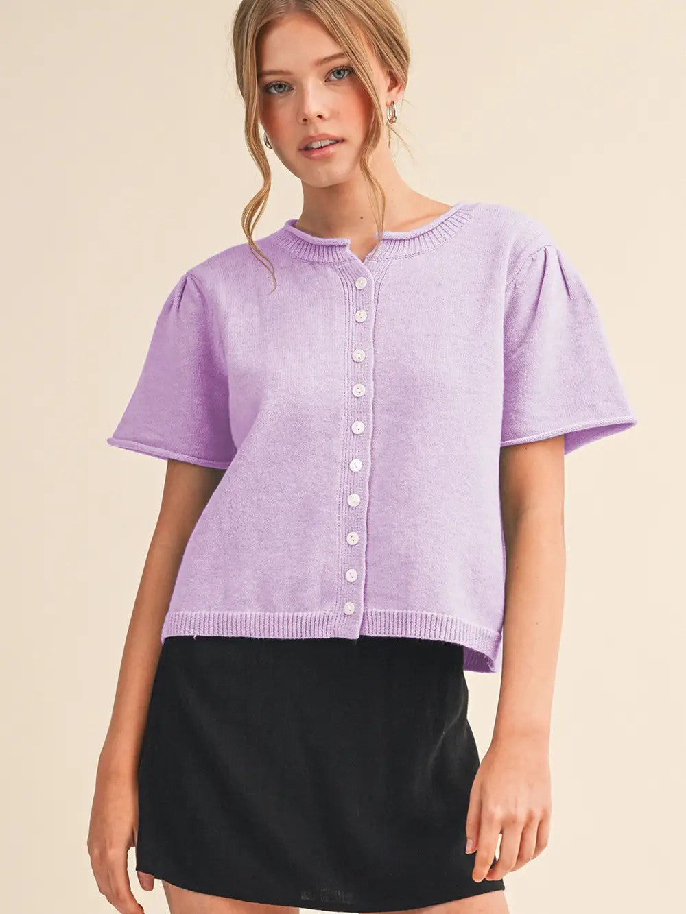 Short Puff Sleeve Sweater Cardigan in Lavender