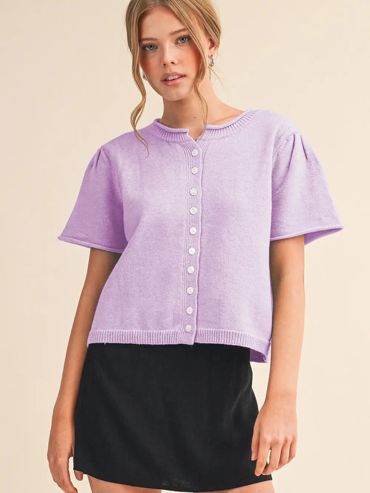 Short Puff Sleeve Sweater Cardigan in Lavender