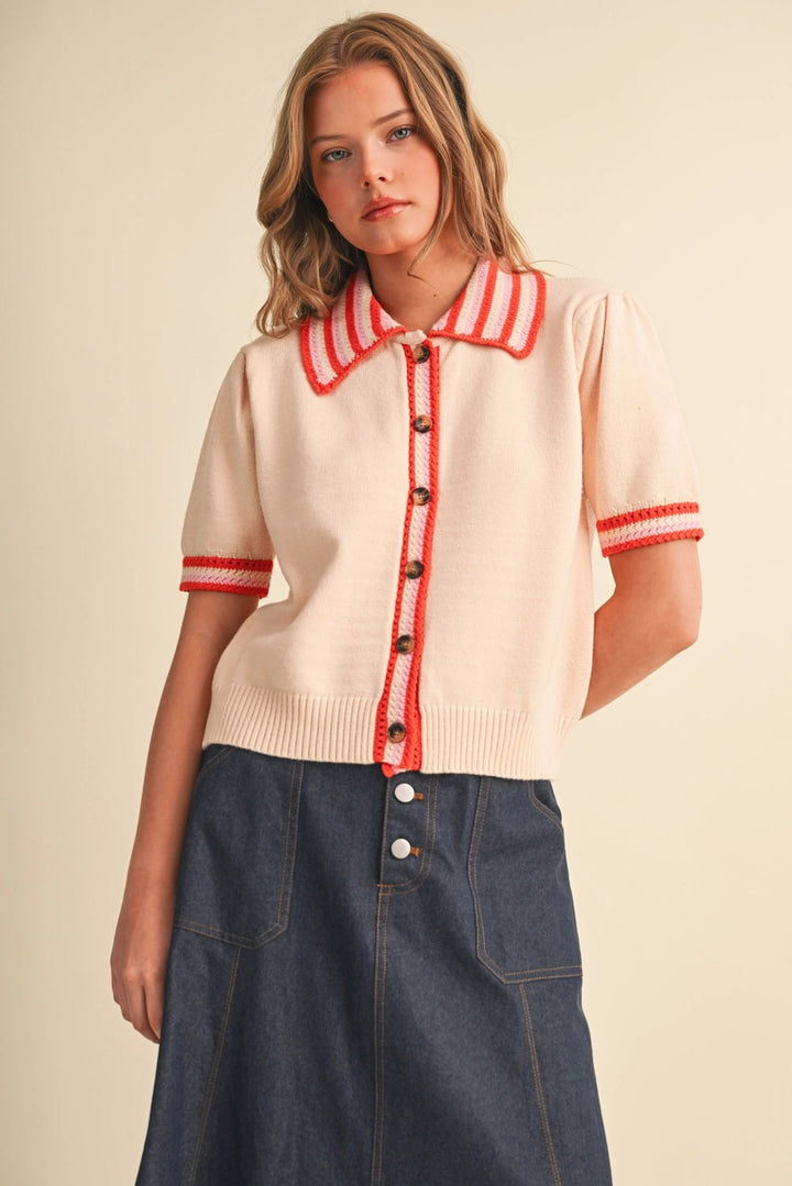 Striped Knit Contrast Short Sleeve Knit Cardigan