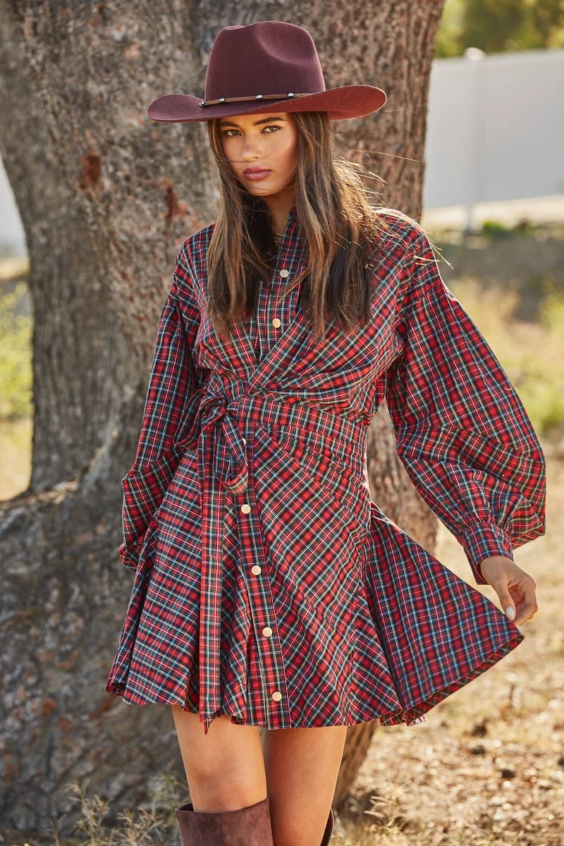 Asymmetrical Ruched Plaid Wrap Dress in Red