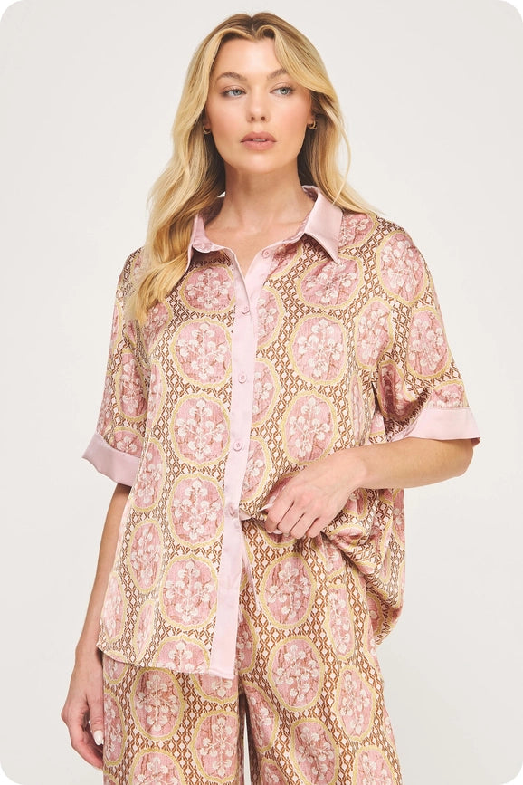 Silk Print Shirt and Pants Set in Pink