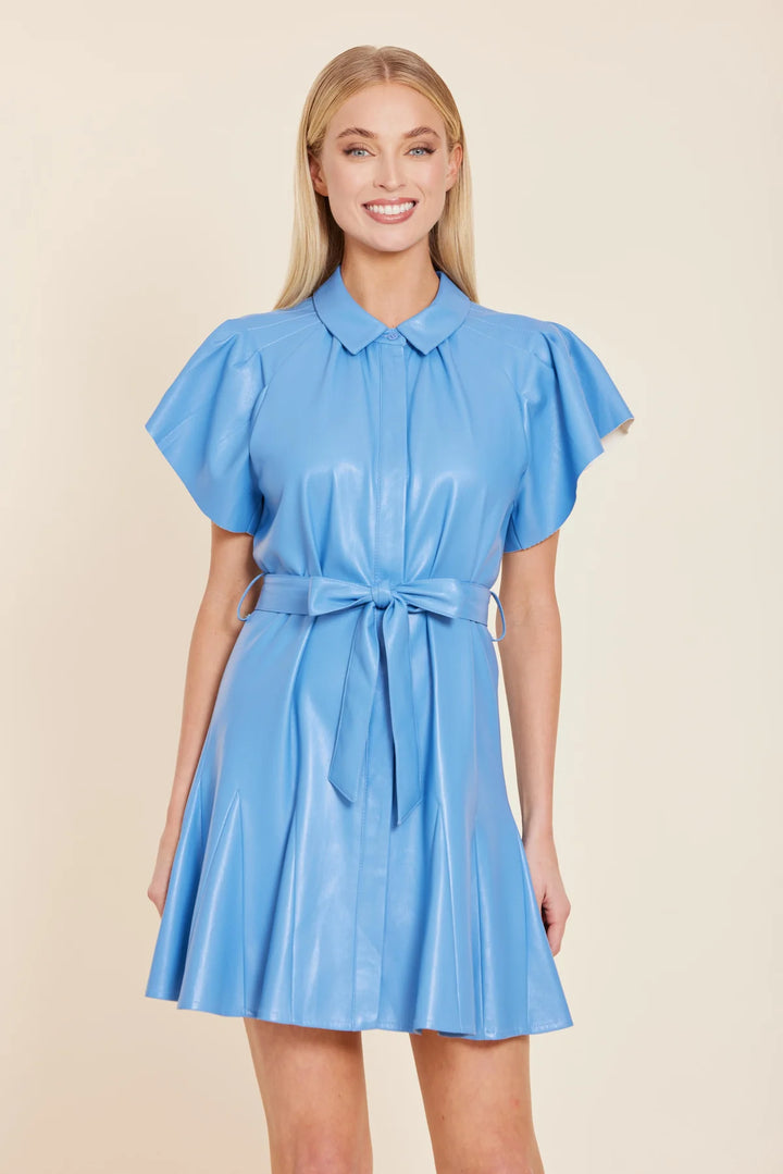 Faux Leather Pleated Dress in Blue