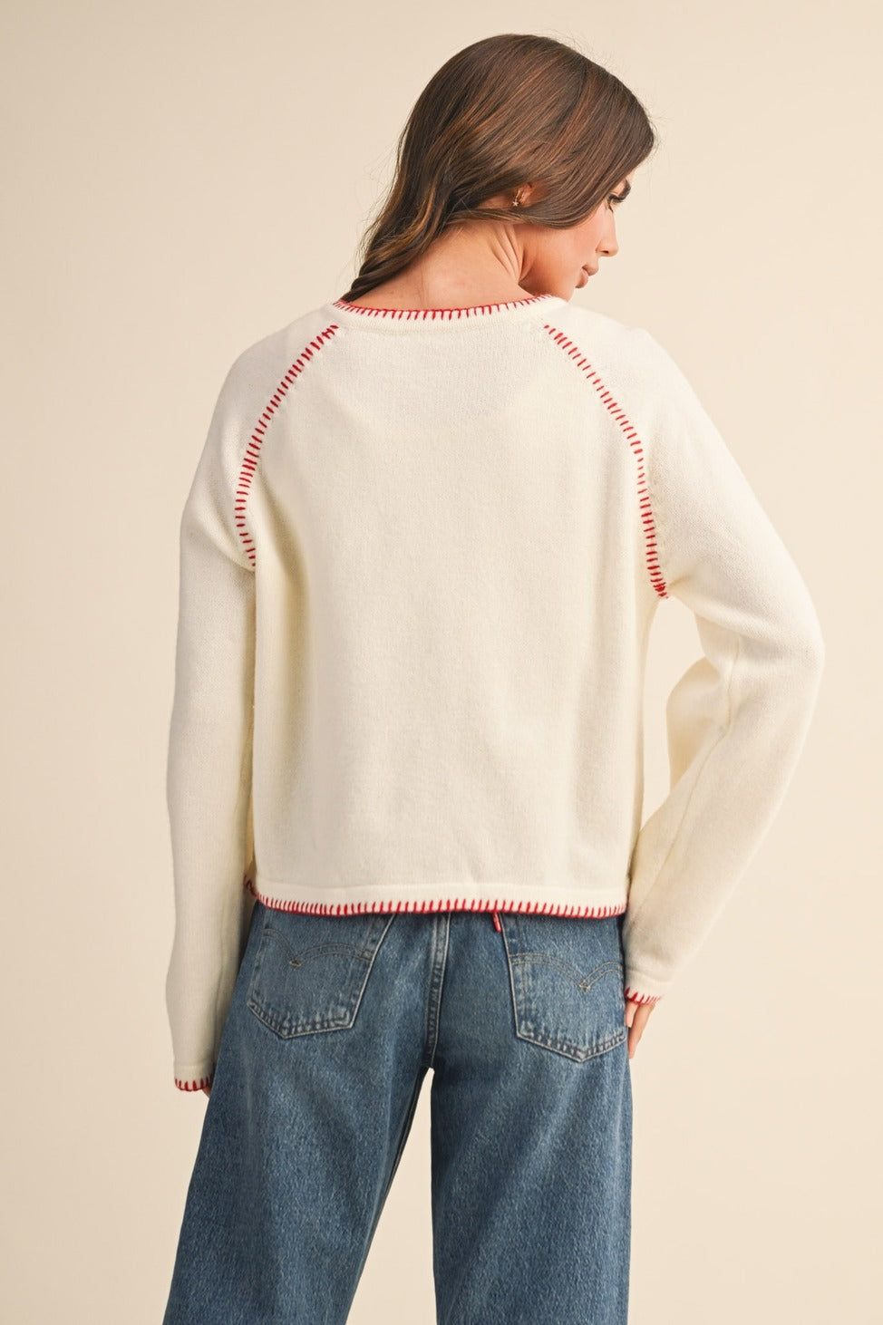 Contrast Blanket Stitch Sweater Cardigan in white/red