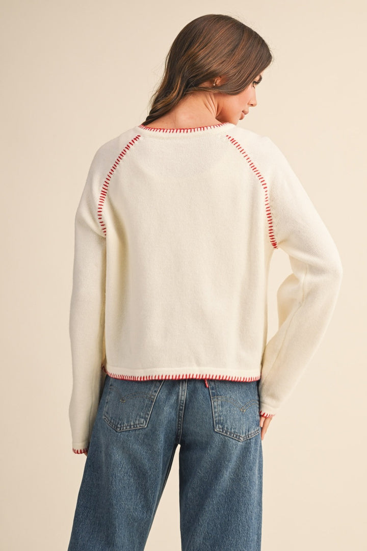 Contrast Blanket Stitch Sweater Cardigan in white/red