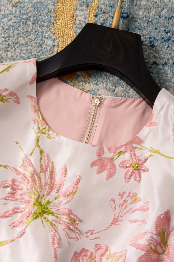 Pink Floral Embroidered Sleeveless Jacquard Dress