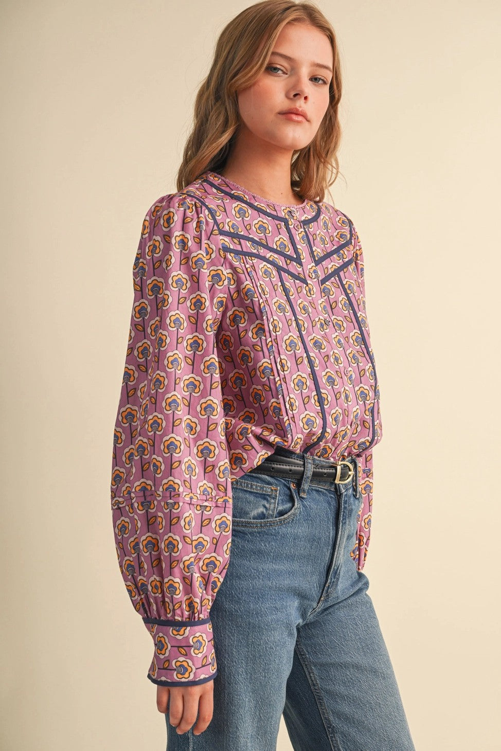 Floral Button Up Top with Contrast Trim