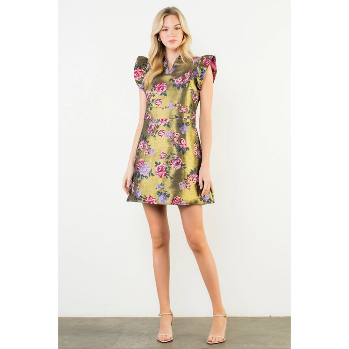 Ruffled Sleeve Floral Print Dress in Gold