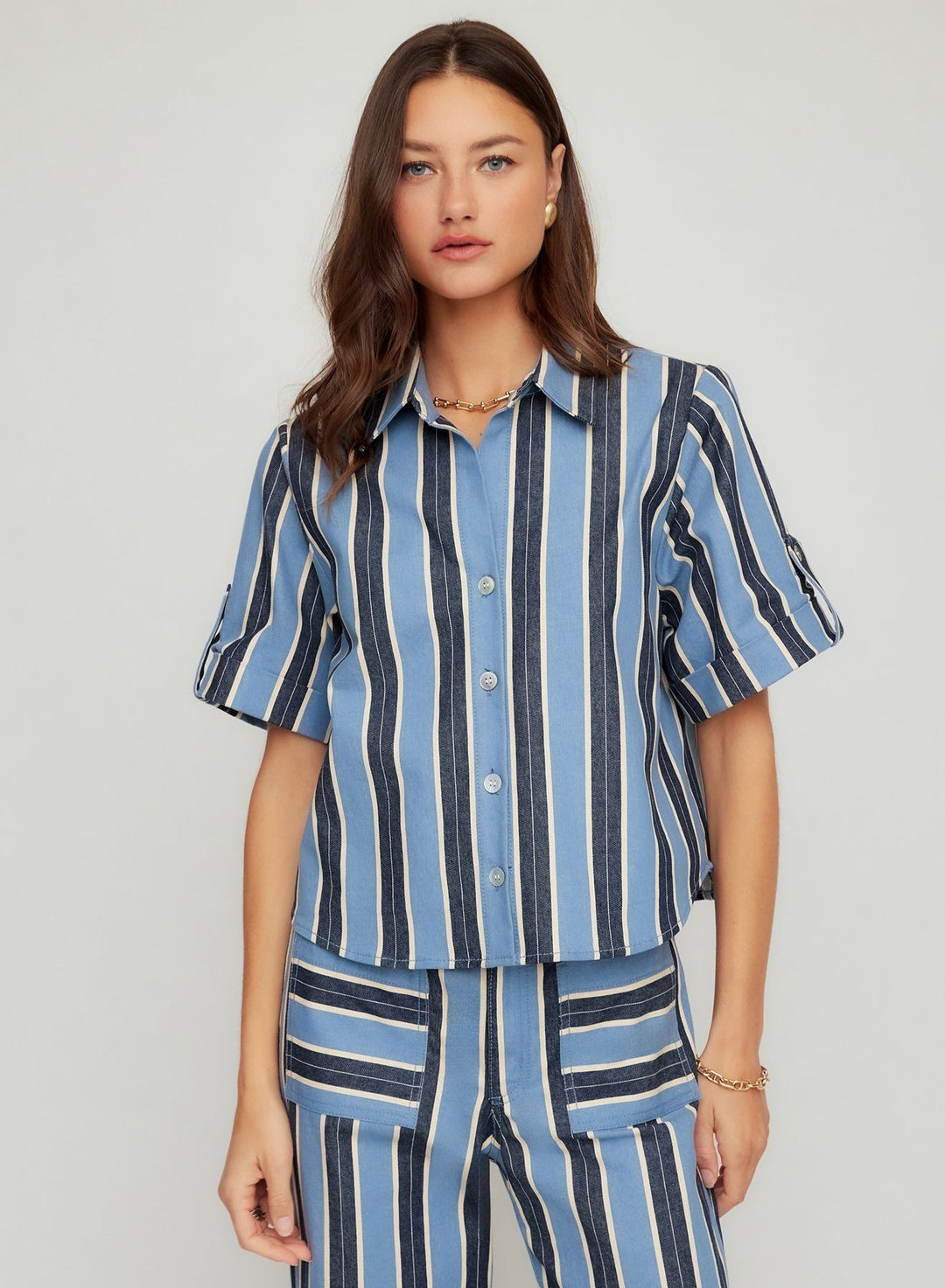 Kay Cuffed Sleeve Shirt in Blue and Cream