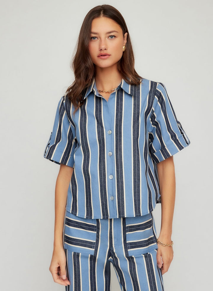 Kay Cuffed Sleeve Shirt in Blue and Cream