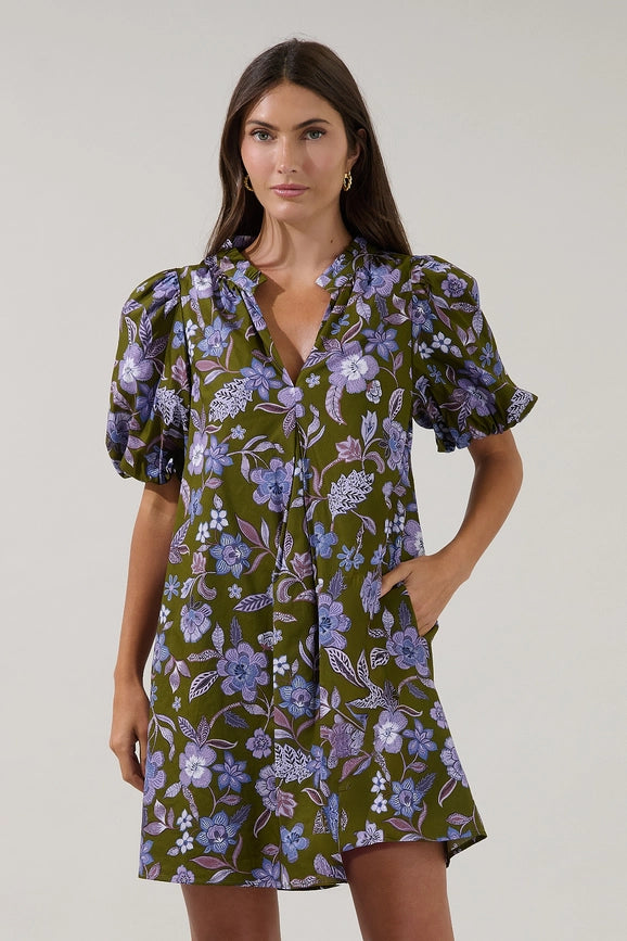 Aurora Shift Mini Dress Reverie in Olive/Lavendar