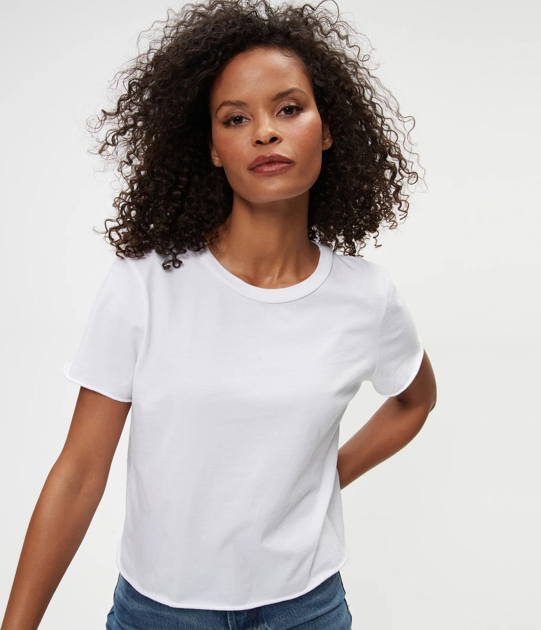 Jackie Raw Edge Crew Neck Tee in White