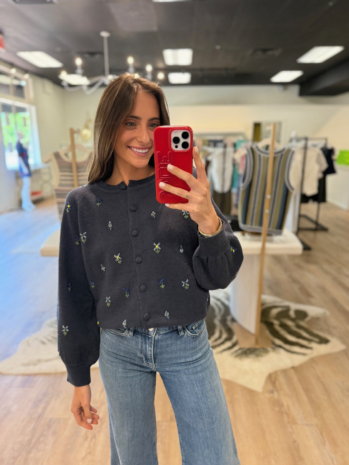 Round Neck Cardigan with Beaded Florals in Navy