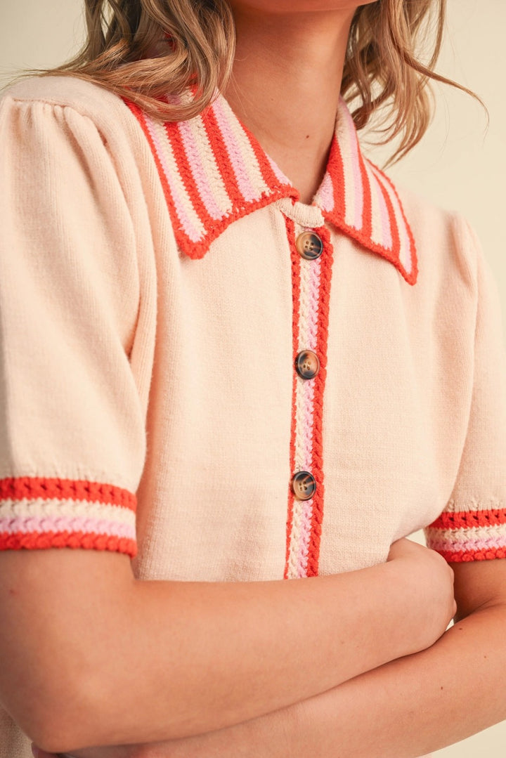 Striped Knit Contrast Short Sleeve Knit Cardigan