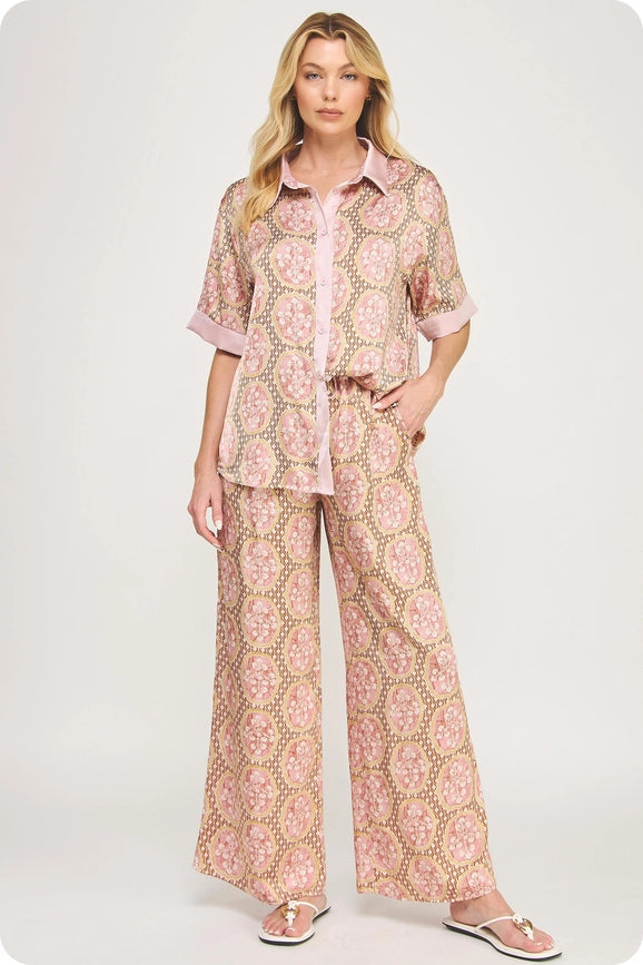 Silk Print Shirt and Pants Set in Pink